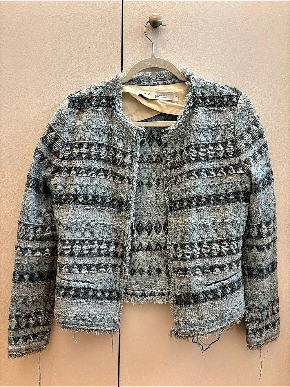 IRO Open Tweed Jacket Geometric Frayed Hem Jacket in Blue & Cream Size